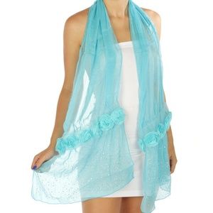 Sheer Rhinestone & Rosette Rose Wrap Shawl Scarf Aqua Blue Prom Wedding Summer